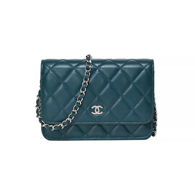 Green Nappa Lambskin Leather Classic Mini Wallet On Chain (WOC) (Rented Out)