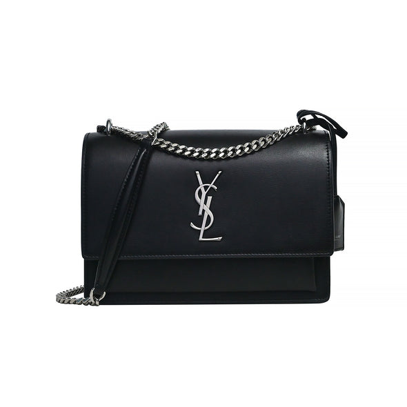 Black Smooth Leather Sunset Medium Chain Bag (Silvertone Hardware) (Rented Out)