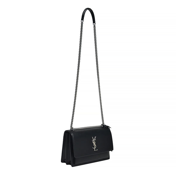Black Smooth Leather Sunset Medium Chain Bag (Silvertone Hardware) (Rented Out)