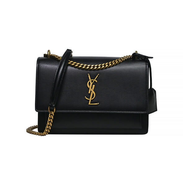 Black Smooth Leather Sunset Medium Chain Bag (Goldtone Hardware) (Rented Out)