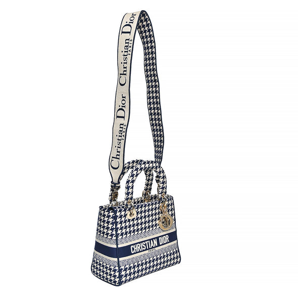 Black and White Houndstooth Embroidery Medium Lady D-Lite Bag (Rented Out)