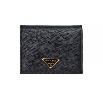 Nero Saffiano Triangle Leather Compact Wallet (Goldtone Metal Hardware)