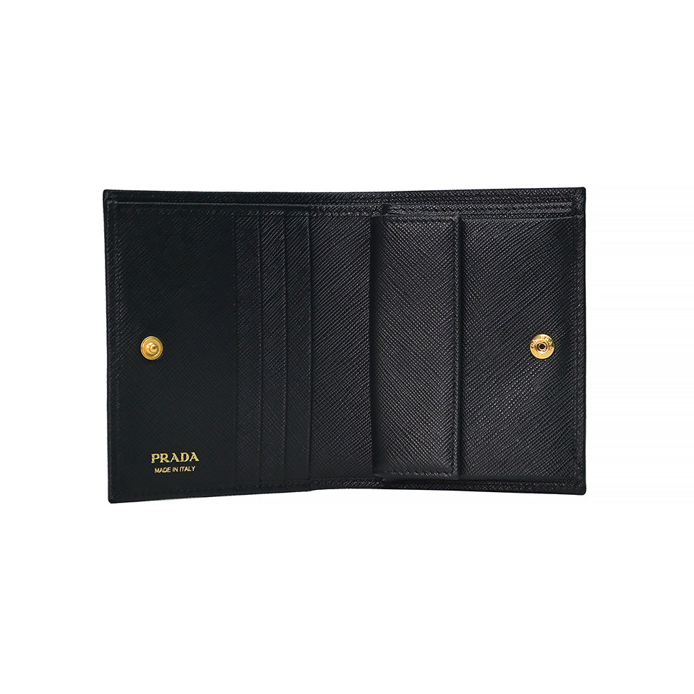 Prada Nero Saffiano Triangle Leather Compact Wallet (Goldtone