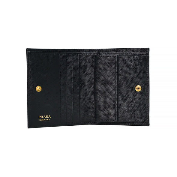 Nero Saffiano Triangle Leather Compact Wallet (Goldtone Metal Hardware)