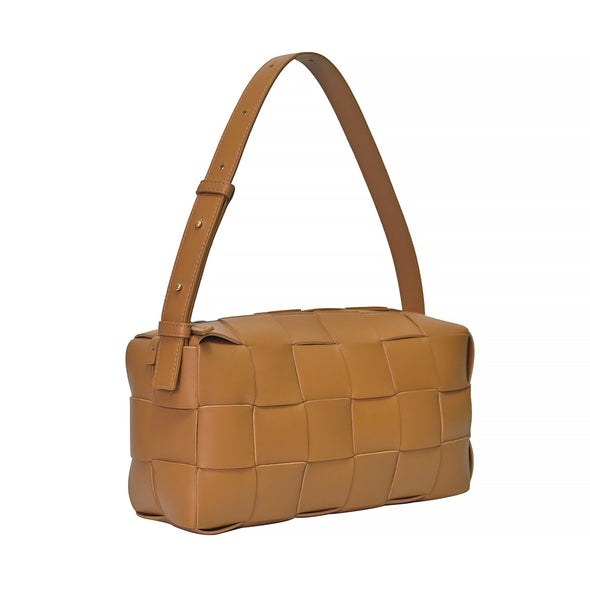 Camel Brick Cassette Intreccio Lambskin Leather Shoulder Bag