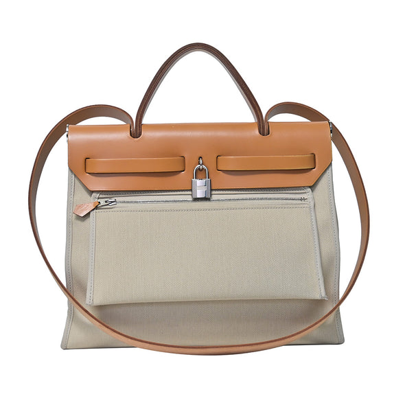 Brown Leather Beige Canvas 2019 Herbag Zip PM (Rented Out)