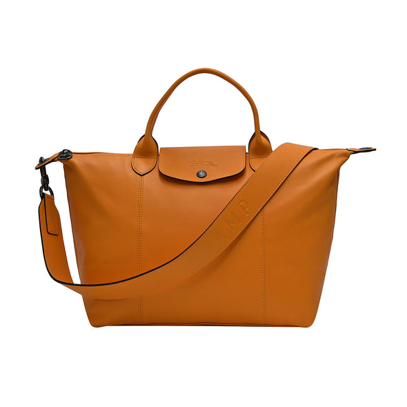 Orange Le Pliage Cuir Medium Shopping Tote (Logo Strap) [Clearance Sale]