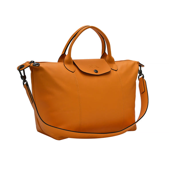 Orange Le Pliage Cuir Medium Shopping Tote (Logo Strap) [Clearance Sale]