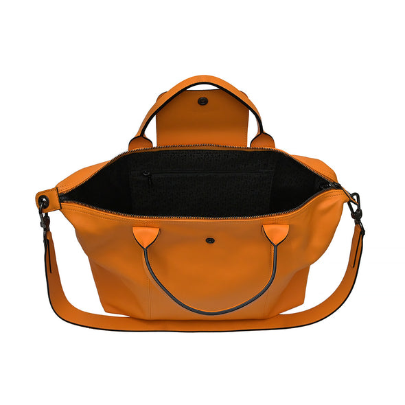 Orange Le Pliage Cuir Medium Shopping Tote (Logo Strap) [Clearance Sale]