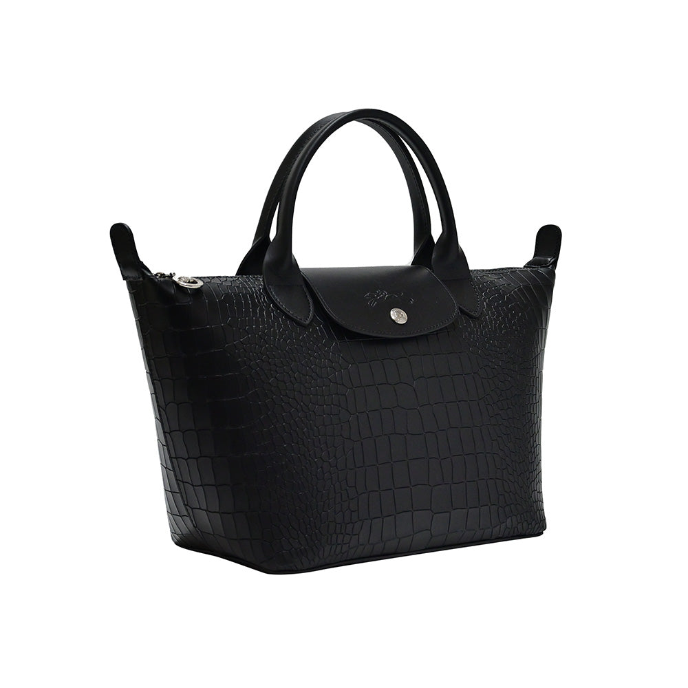 Longchamp - Le Pliage Cuir Top Handle Croc Tote Bag in Black