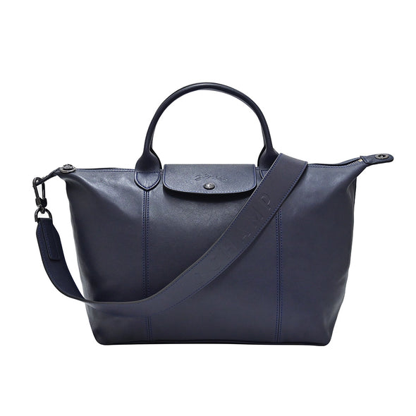 Navy Le Pliage Cuir Medium Shopping Tote (Logo Strap) [Clearance Sale]