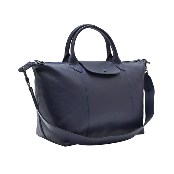 Navy Le Pliage Cuir Medium Shopping Tote (Logo Strap) [Clearance Sale]