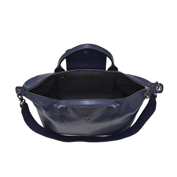 Navy Le Pliage Cuir Medium Shopping Tote (Logo Strap) [Clearance Sale]
