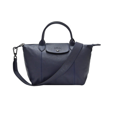 Navy Le Pliage Cuir Shopping Tote (Logo Strap) [Clearance Sale]