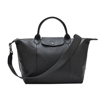 Noir Le Pliage Cuir Medium Shopping Tote (Logo Strap) [Clearance Sale]