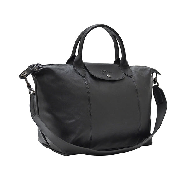 Noir Le Pliage Cuir Medium Shopping Tote (Logo Strap) - 2 [Clearance Sale]