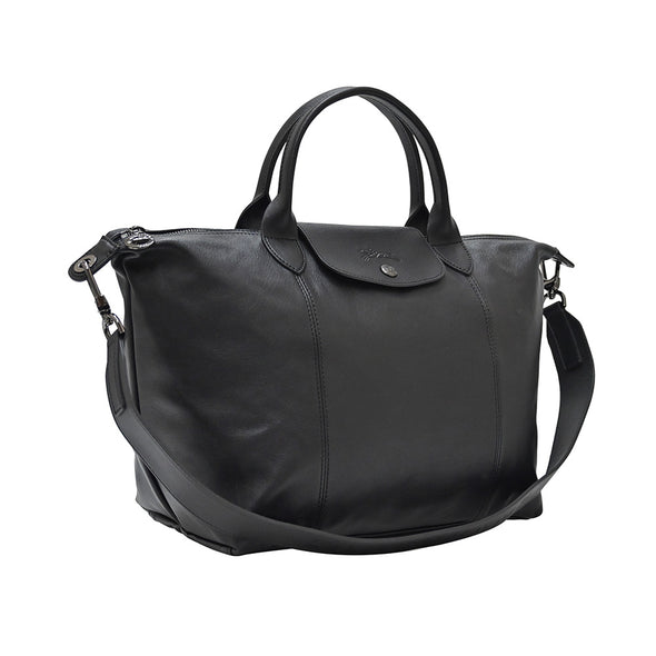 Noir Le Pliage Cuir Medium Shopping Tote (Logo Strap) [Clearance Sale]
