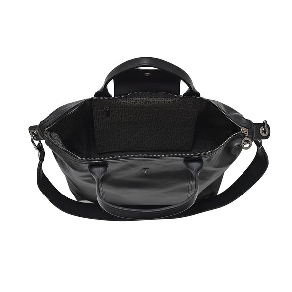 Noir Le Pliage Cuir Medium Shopping Tote (Logo Strap) [Clearance Sale]