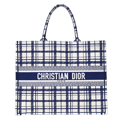 Authentic Christian Dior Ecru and Blue Dior Oblique Embroidery Medium Dior Book Tote