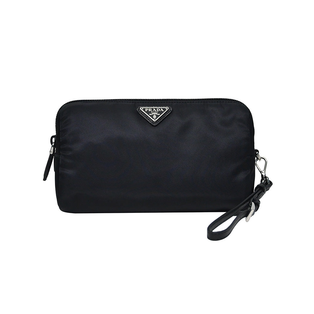 Prada White/Black Saffiano Leather Zip Clutch Prada