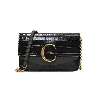 Black Croc Embossed Chloe C Clutch With Chain (Rented Out)