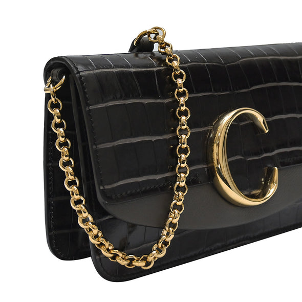 Black Croc Embossed Chloe C Clutch With Chain (Rented Out)