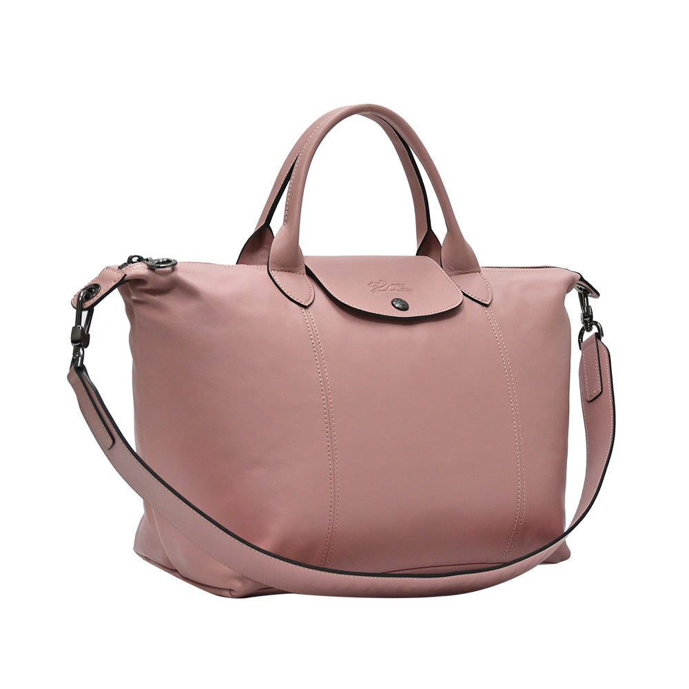 Longchamp Le Pliage Cuir Medium Leather Top Handle Tote in Pink