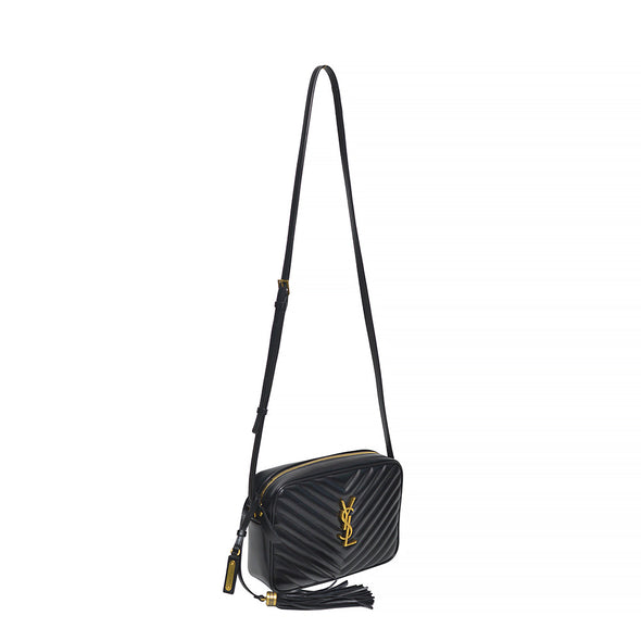 Black Quilted Leather Lou Camera Bag in Antique Goldtone Hardware (Rented Out)