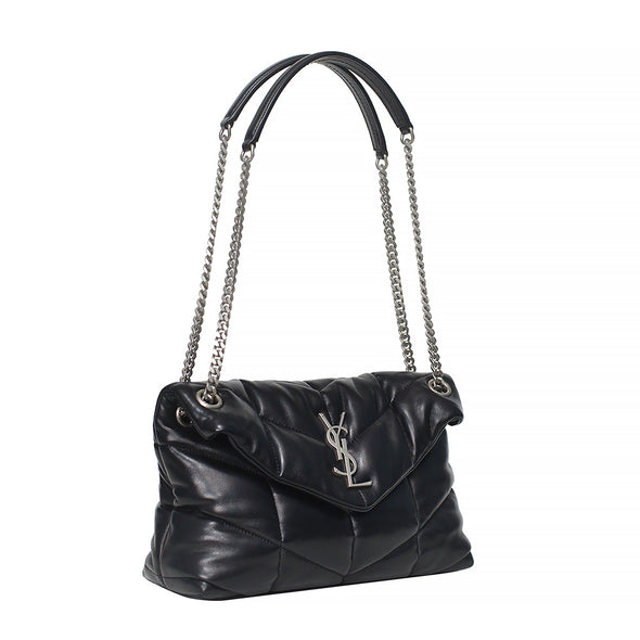 Black Quilted Lambskin Leather Puffer Small Chain Bag (Rented Out)