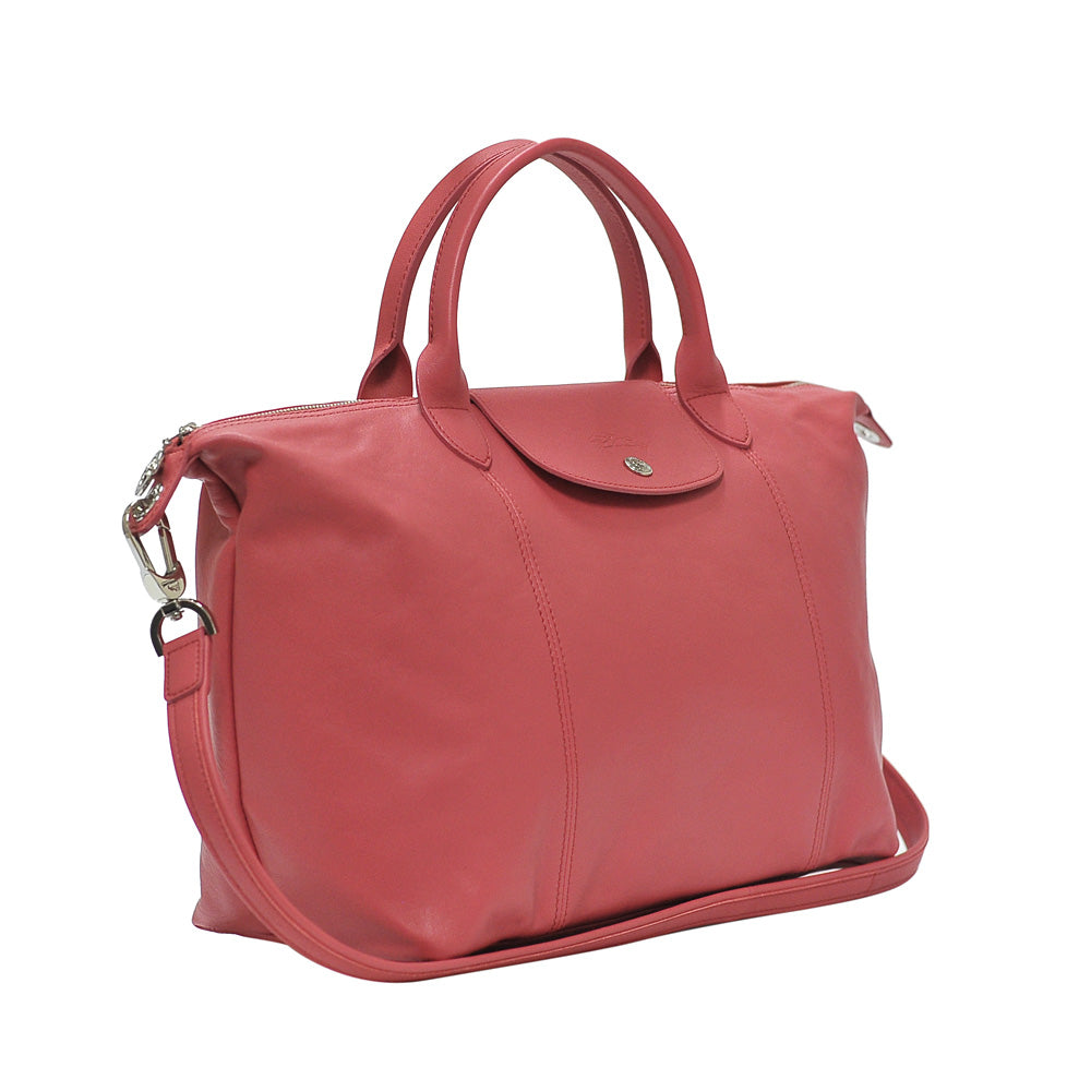 NEW LONGCHAMP Le Pliage Cuir Medium Leather Satchel Bag PEONY Pink