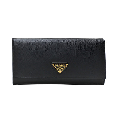 Nero Saffiano Triangle Leather Large Flap Wallet (Goldtone Metal Hardware)