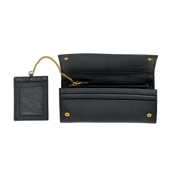 Nero Saffiano Triangle Leather Large Flap Wallet (Goldtone Metal Hardware)