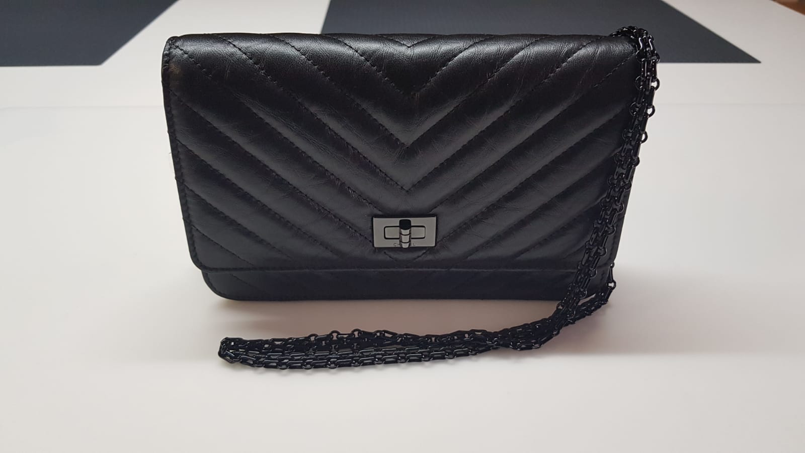 Chanel Black 2.55 Nappa Chevron Goldtone Wallet On Chain – www