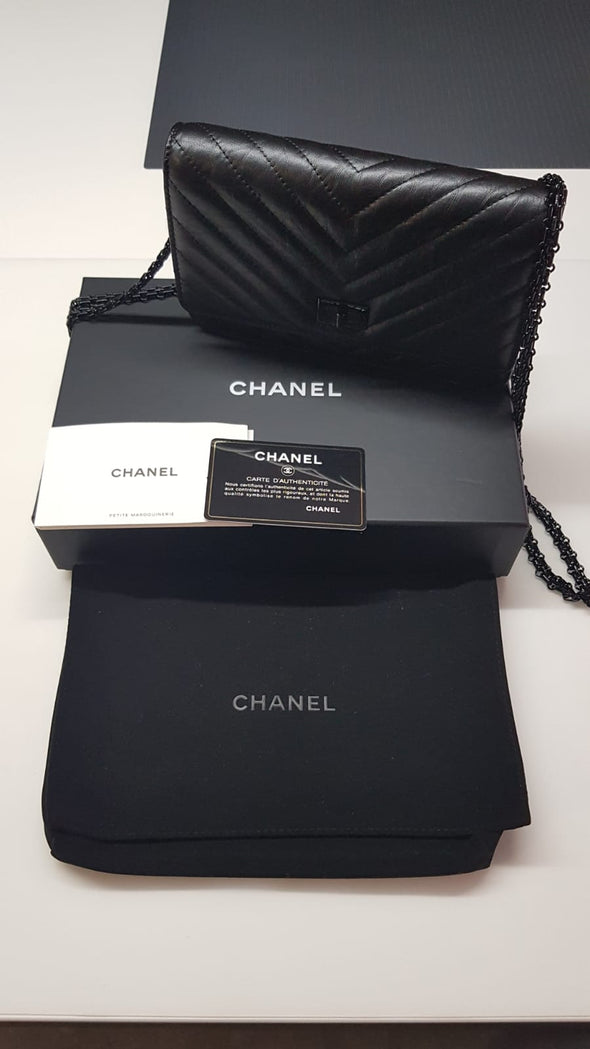 Chanel Black 2.55 Nappa Chevron Goldtone Wallet On Chain